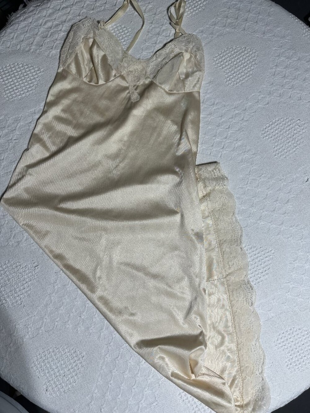 Ivory Champagne Satin Lace Slip Nightgown Tie Strap Maxi